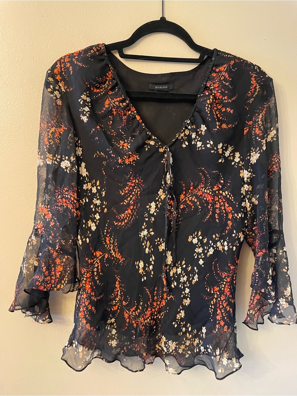 SilkLand Black Floral Sheer Silk Blouse